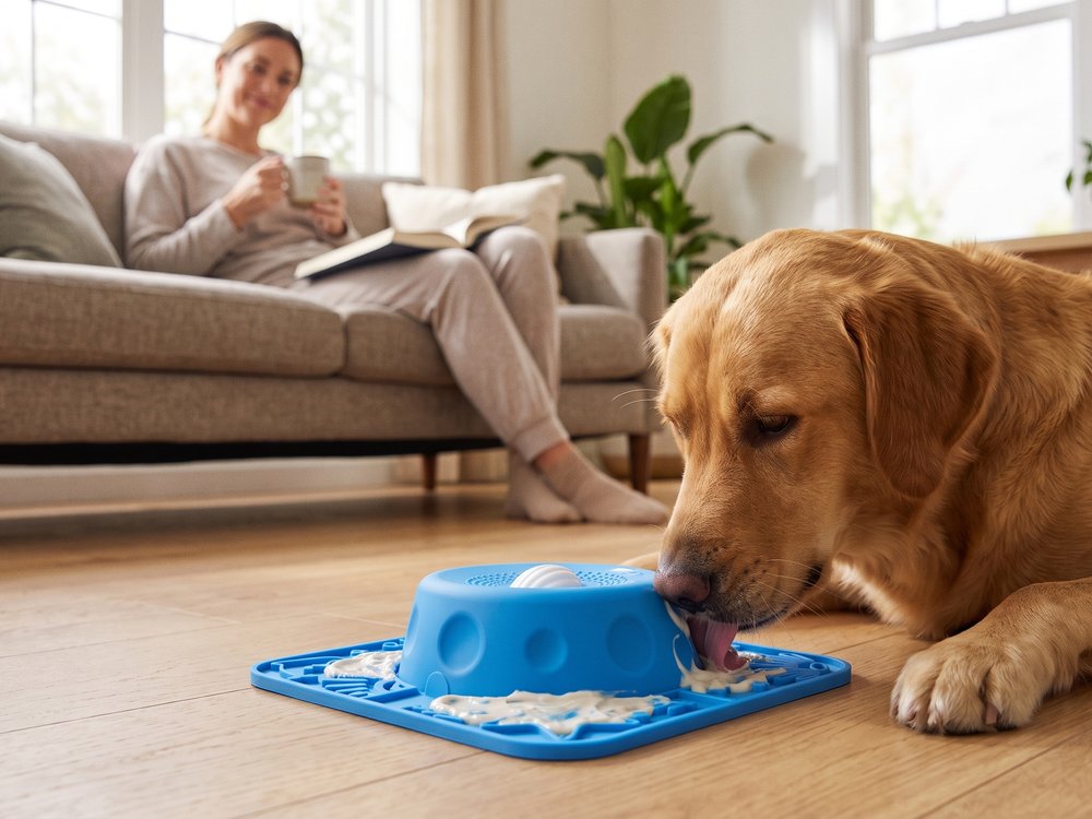 A dog busy licking Lapwell while its owner relaxes on the sofa