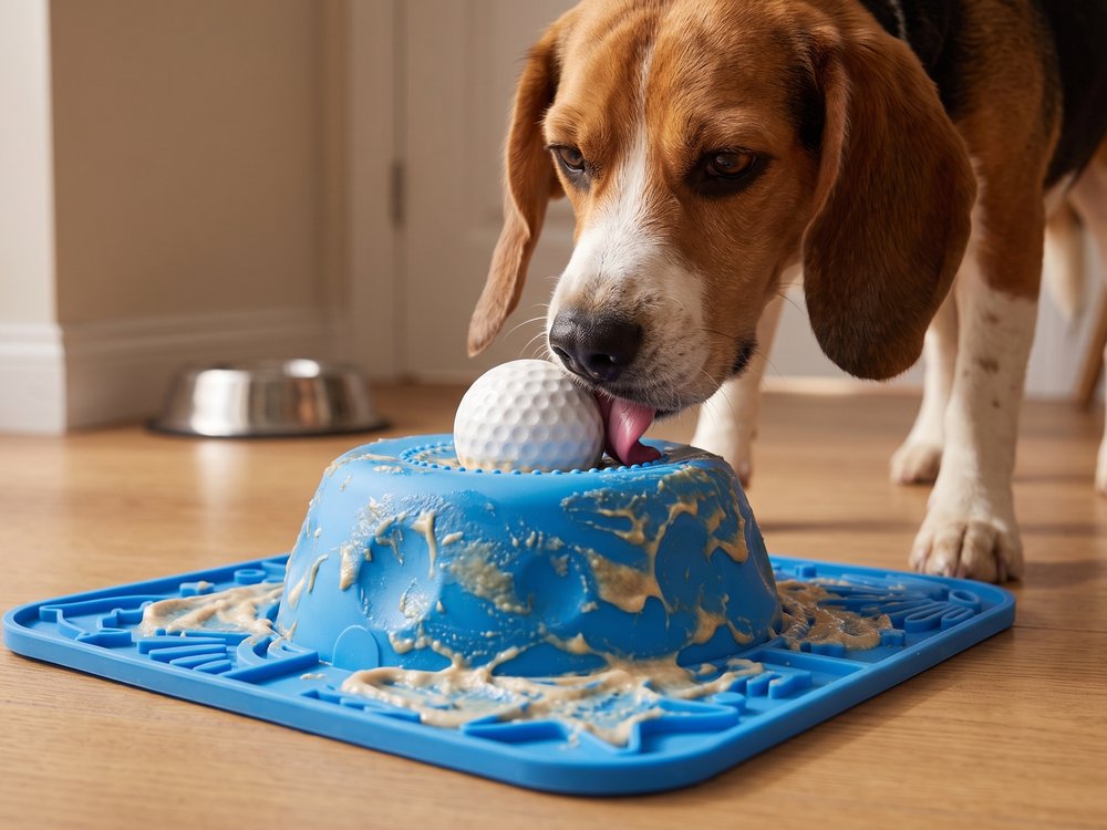 A beagle pushing the ball on top of the Lapwell dome with its tongue
