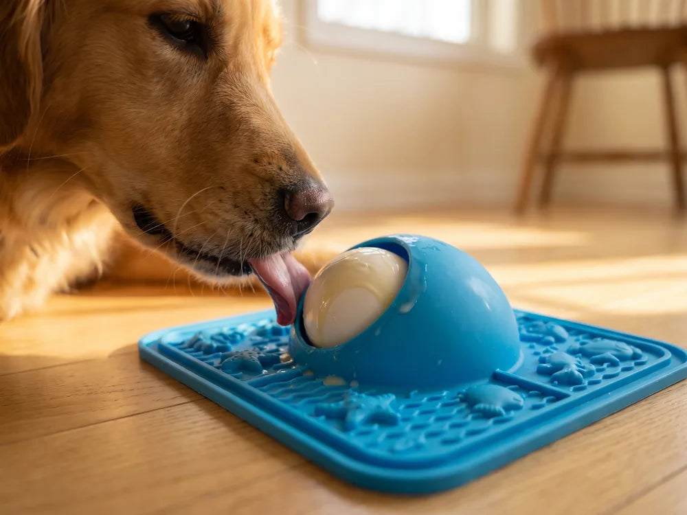 A dog licking the dome with the ball turning