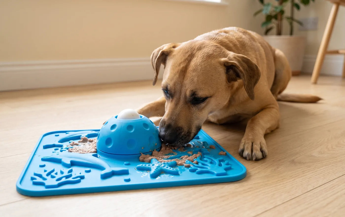 A dog eating steadily from the petal maze
