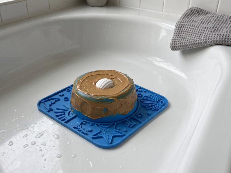 The Bath Bribe: Thin xylitol-free peanut butter on the dome. Room temperature.