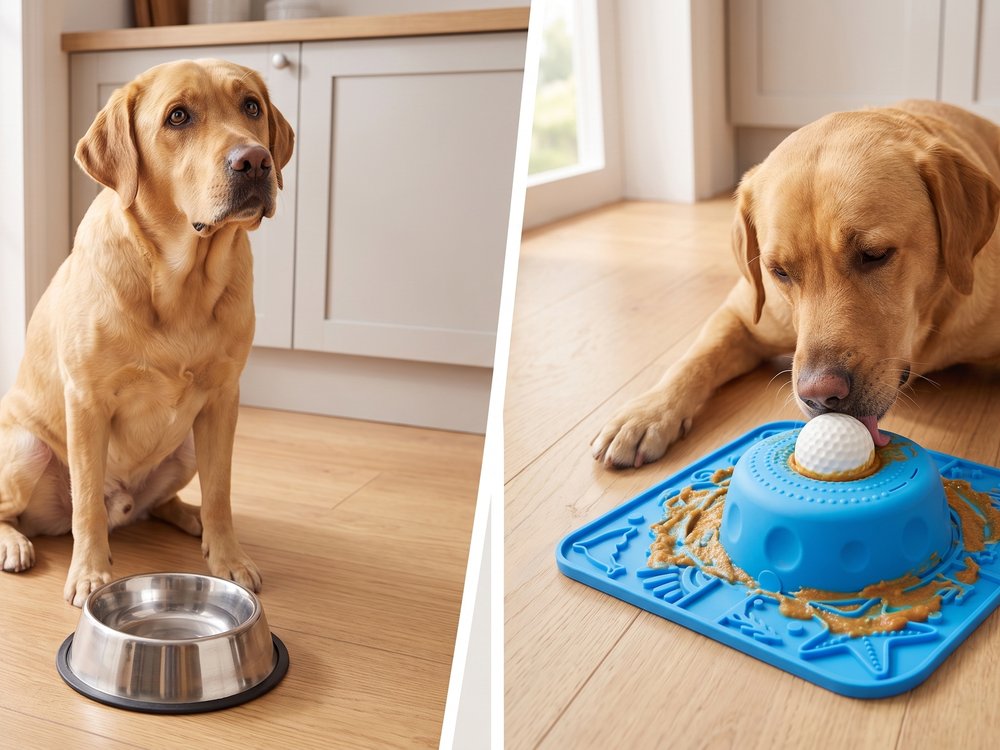 Left: an empty steel bowl. Right: the same dog still licking dinner off Lapwell